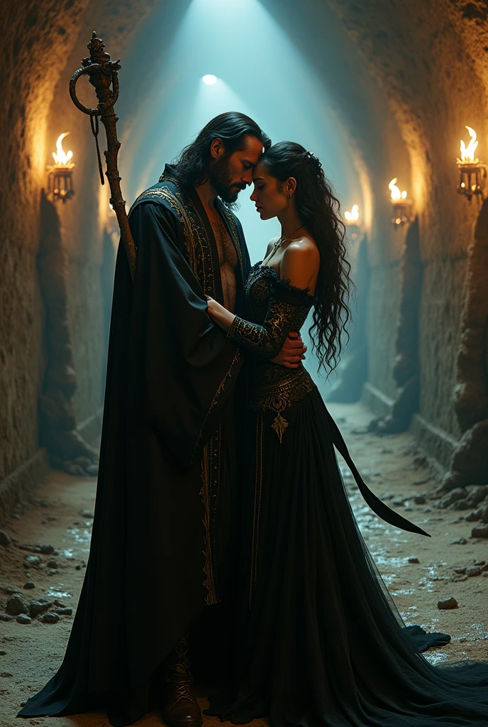 Draw Keanu Reeves as a wizard receiving a motherly embrace from Megan Fox as a vampire mage, in a crypt lair of undead Dungeons and Dragons style. 8k, realisitic