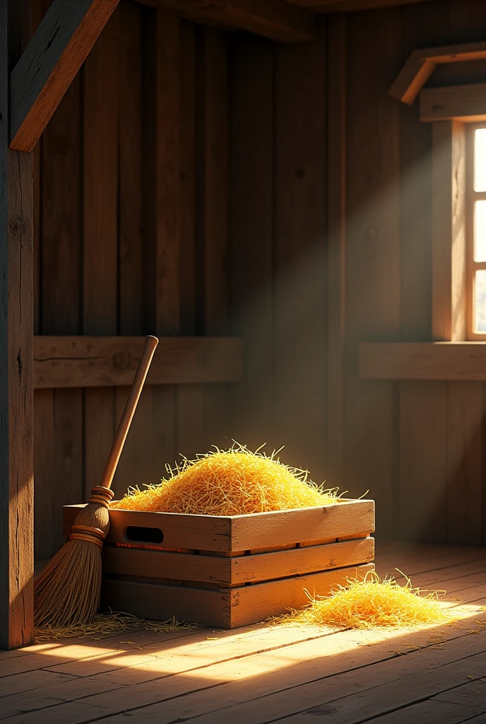 The interior of a barn, a box of straw and a broom on the box