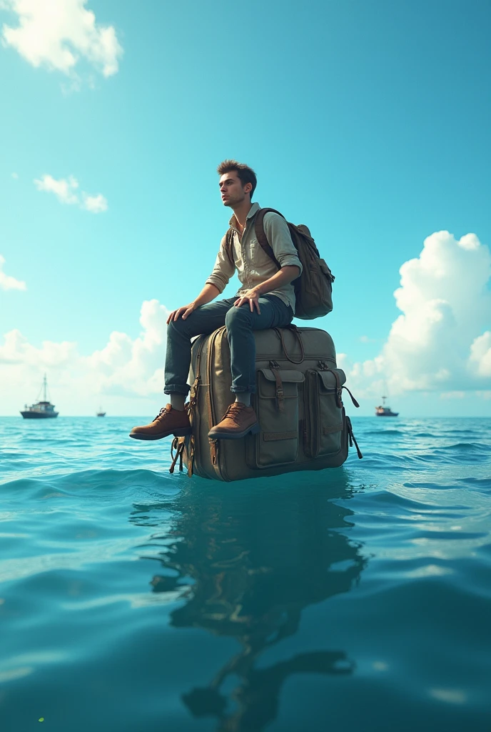 A backpack floating on the sea with an adventurous male college student on top with m[the boats in the background


