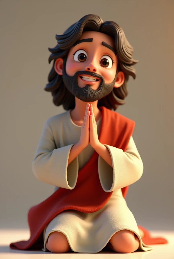 (photorealism:1.2), 3d Pixar style image of a 
Handsome Jesus Christ cartoon character facing main camera praying kneeling  with hands lifted