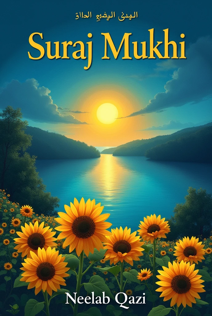 Make a book cover for me with a blue background with a sunset on water and a little sunflowers on a side ground and give title to the book "Suraj Mukhi" write the author name as Neelab Qazi
This is good but make the light of sun dark as it is after the sun sets dark blue
This is perfect just reduce the size of the author name.