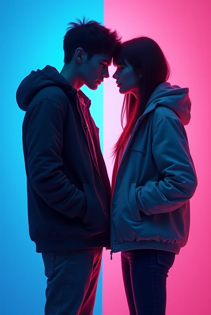 a teenage couple, facing each other, she is an inventor, he has expensive clothes, solid blue and pink color background, enemies and lovers, young people, teenager, brown, love and chaos, silhouettes, high school. detailed clothes, poor clothes and rich clothes detailed, dramatic lighting, enemies to lovers, cinematic, vibrant colors, award-winning illustration, digital painting, 8k, drawn image, 2d, best quality, masterpiece