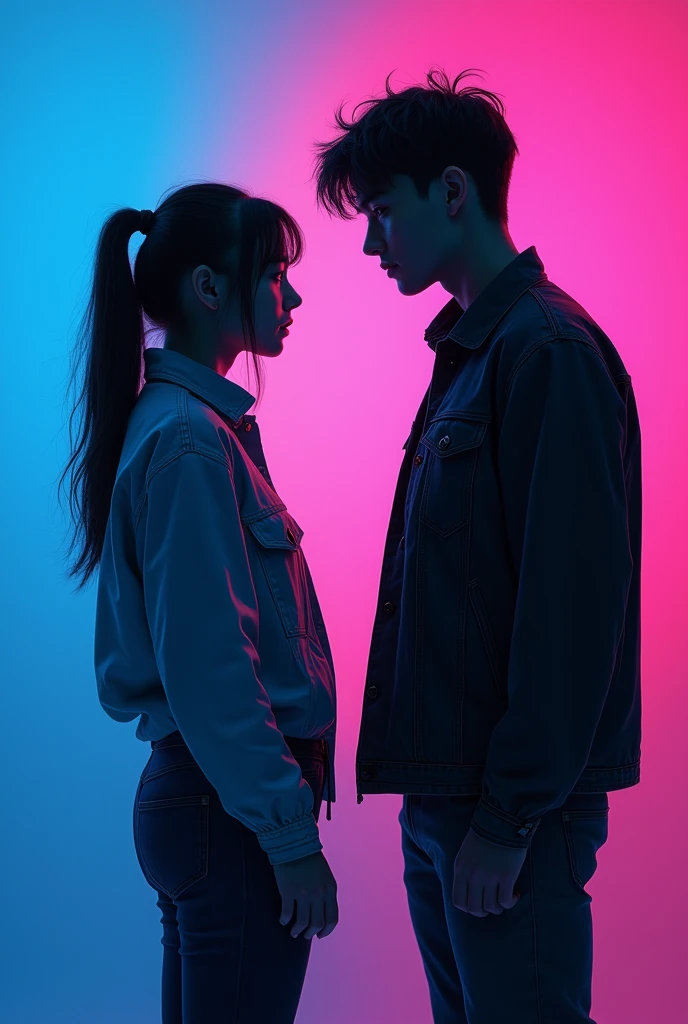 a teenage couple, facing each other, she is an inventor, he has expensive clothes, solid blue and pink color background, enemies and lovers, young people, teenager, brown, love and chaos, silhouettes, high school. detailed clothes, poor clothes and rich clothes detailed, dramatic lighting, enemies to lovers, cinematic, vibrant colors, award-winning illustration, digital painting, 8k, drawn image, 2d, best quality, masterpiece