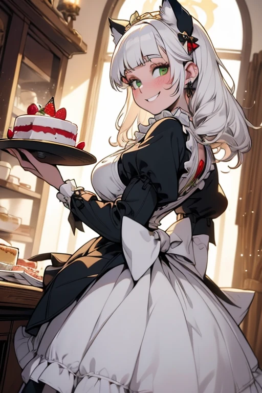 Perfect face. Perfect hands. A young white haired woman with green eyes with white wolf ears and a fluffy white wolf tail in a ta maid outfit is serving a slice of cake in a fancy made cafe with a big smile
