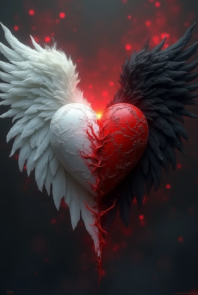 A heart with one half having an angelic aura and the other half having a demonic aura, the drawing should be in crimson red and white colors, dark and fantasy style, one wing white and the other black