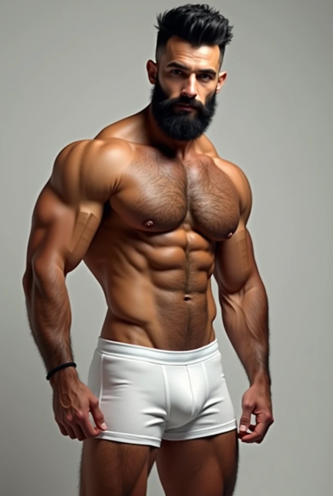 Handsome tanned man with black hair, black beard, shaved arms, muscular, muscular body but less fat body, hairy underneath, wearing white boxers