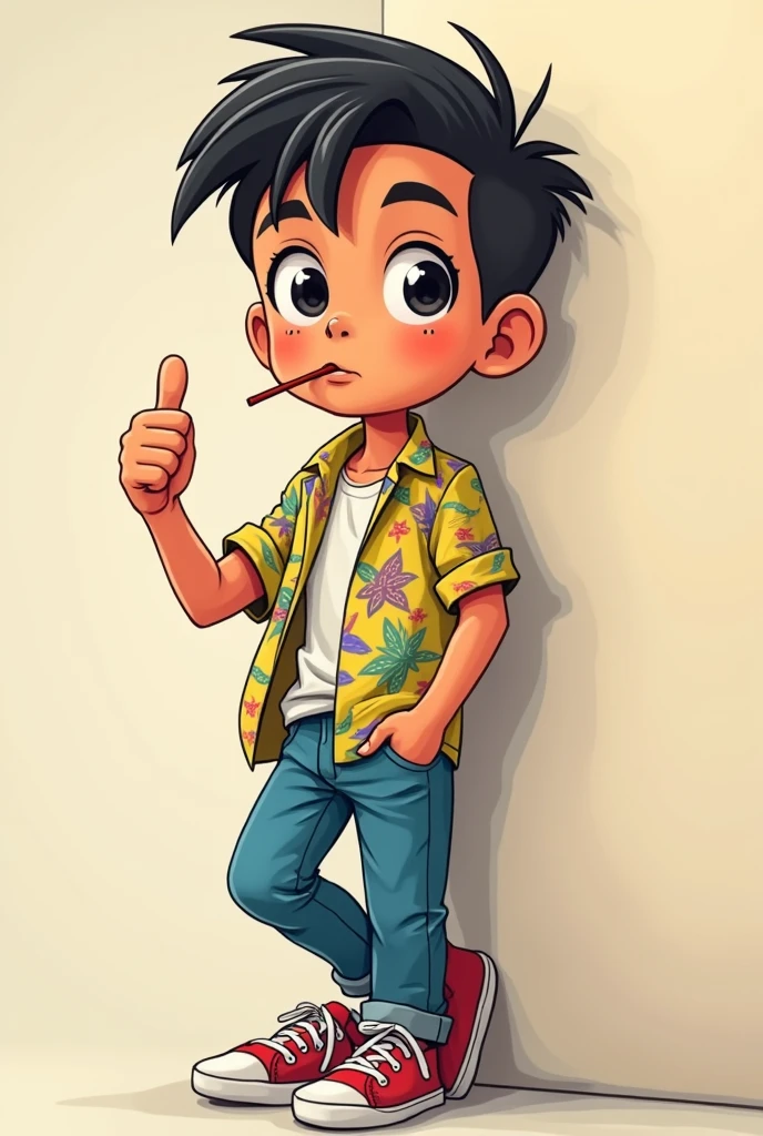 a 10-year-old boy is leaning against a wall,He has a straw in his mouth, his hair slicked back with gel and wearing an 80s style patterned shirt, He's a cool Brazilian, he gives a simple thumbs up with one hand while the other goes into his pocket, all of this in a cartoonish image
