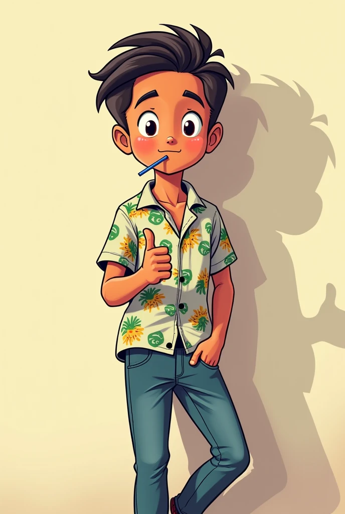 a 10-year-old boy is leaning against a wall,He has a straw in his mouth, his hair slicked back with gel and wearing an 80s style patterned shirt, He's a cool Brazilian, he gives a simple thumbs up with one hand while the other goes into his pocket, all of this in a cartoonish image
