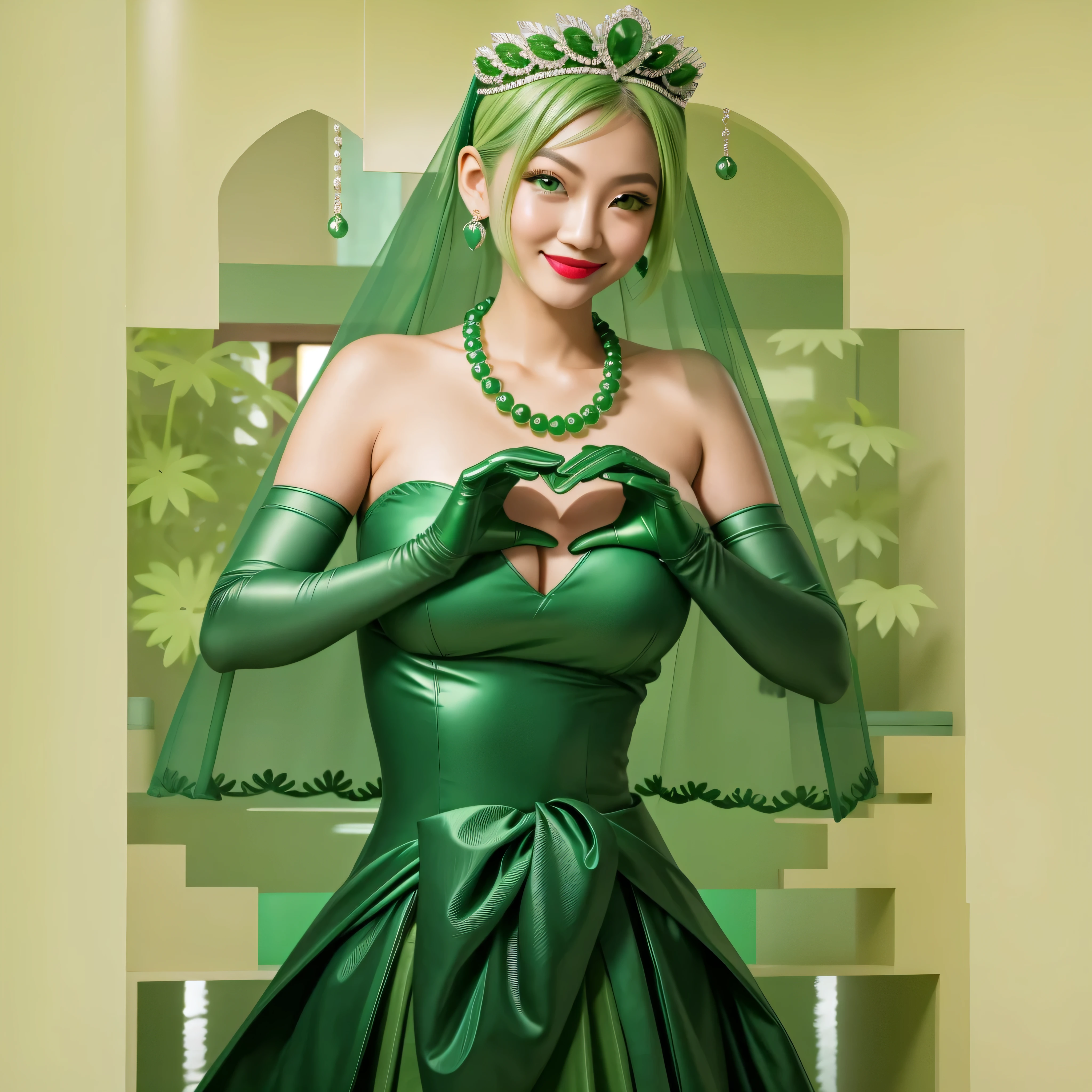 Emerald tiara, Green Pearl Necklace, Boyish very short green hair, Green Lips, Smiling Japanese woman, Very short hair, Busty beautiful lady, Green Eyes, Green satin long gloves, Green Eyes, Emerald Earrings, Green veil, Heart with both hands, Green Hair, Beautiful Japanese Woman, Heart shaped hands:1.3, green lip gloss