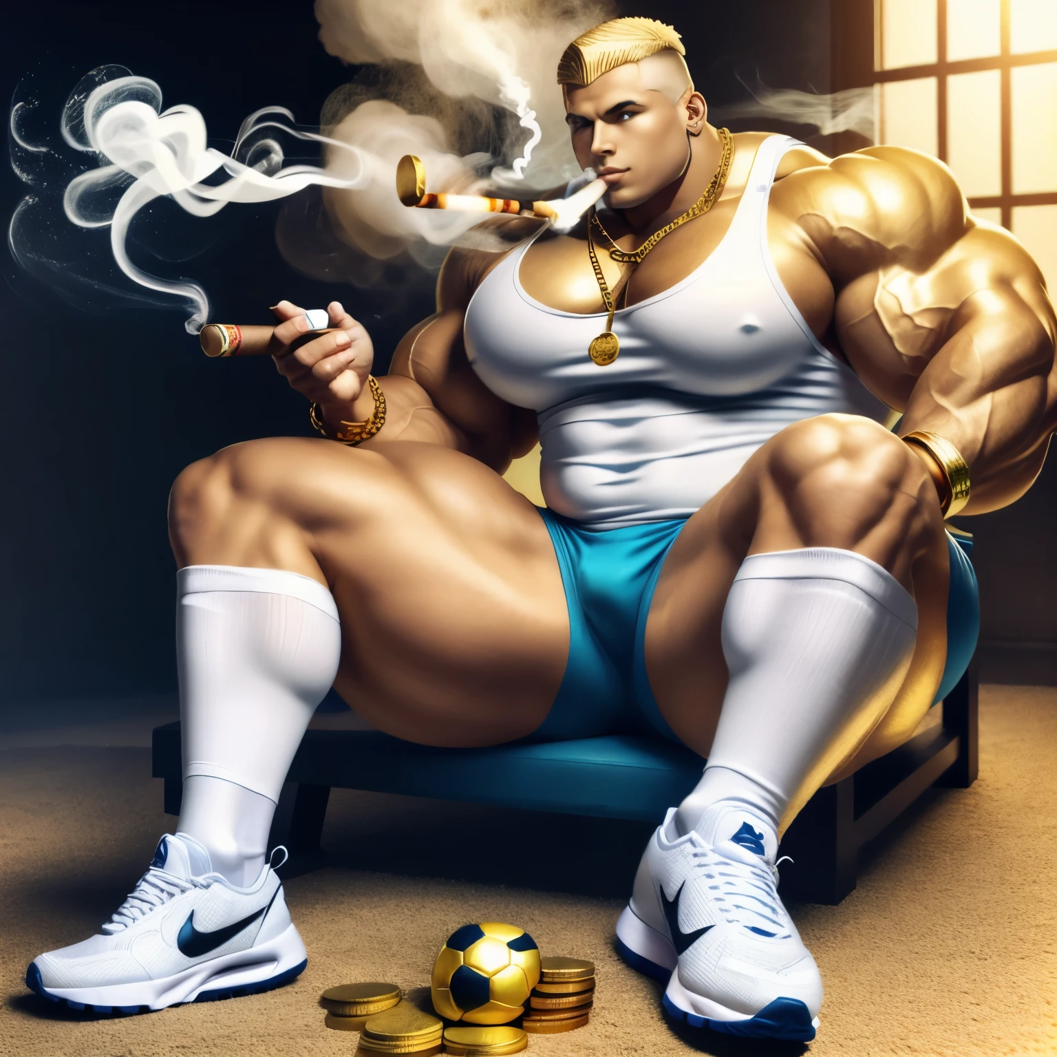 full view full body, one 18 yo slim white European tattooed boy white gold-blond undercut clean shaves aircut, in white tank top and black tight soccer pants, white socks and black Nike air max trainers, golden necklaces, bracelets, rings, sitting proudly on a golden throne, smoking a cigar, looking satisfied, the ground is covered with gold coins, lingots and banknotes, smoking a cigar. A small greenish smoke comes out of the sneakers