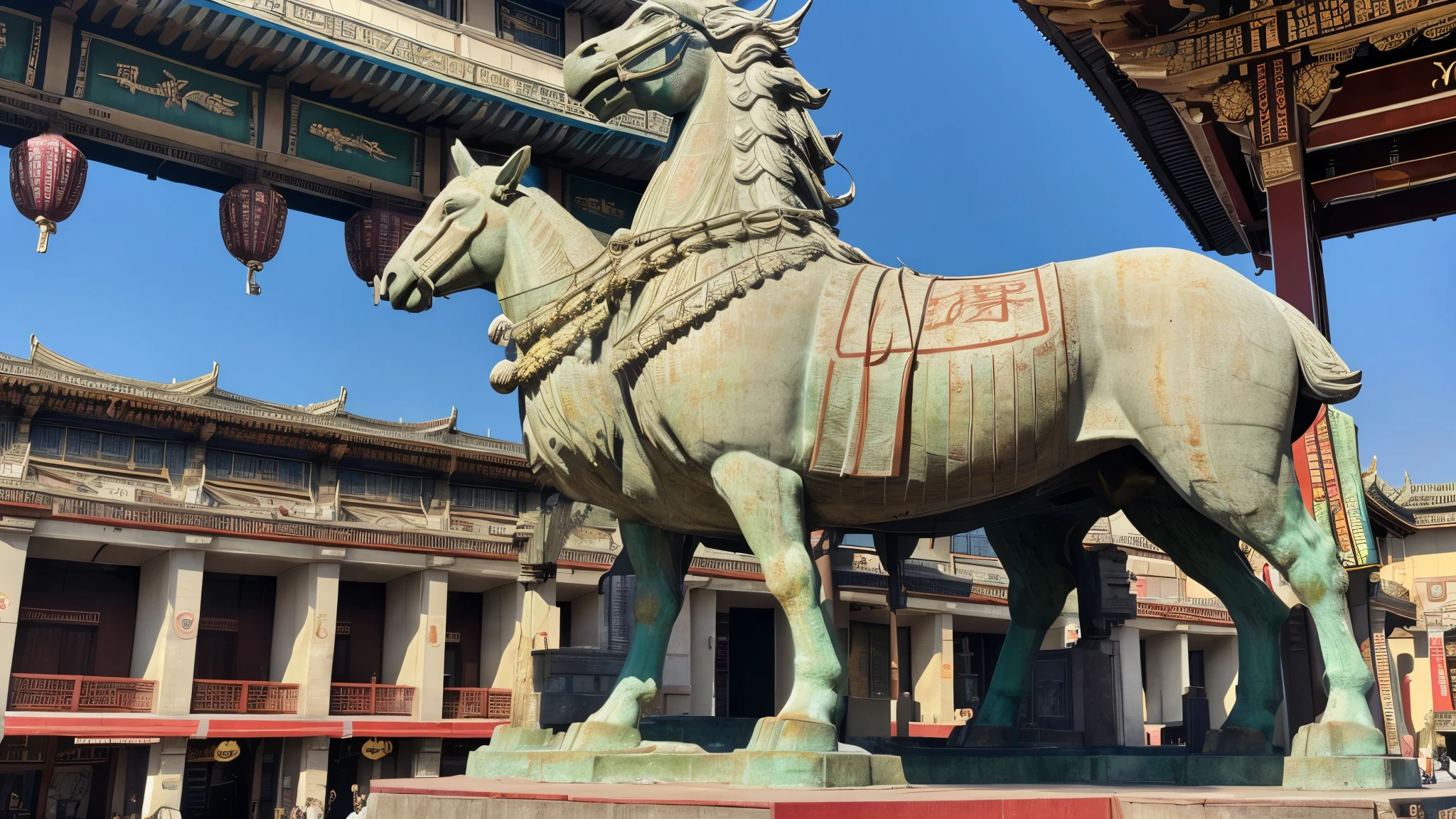 A (((majestic statue of Yu))) the Great stands proudly in the center of the square, his imposing figure depicted in stunning detail. The scent of incense permeates the air, while [offerings at the statue’s] feet are a testament to the continued devotion to the legendary leader.