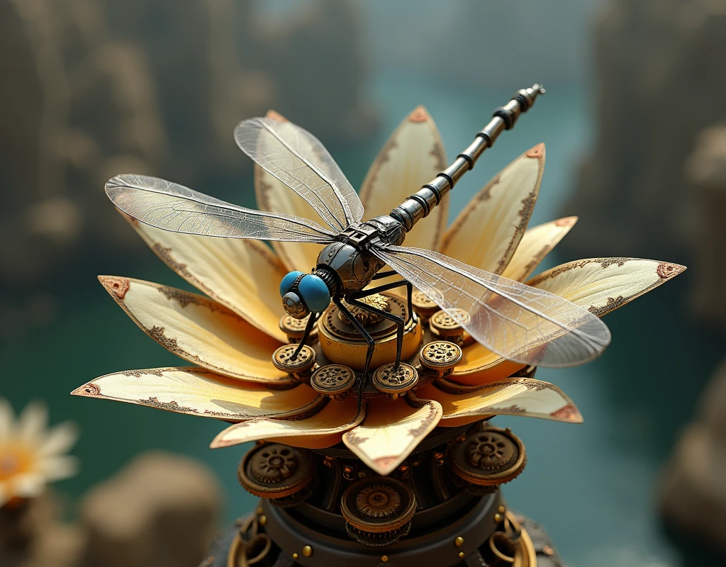mechanical elegant dragonfly, ancient mechanism, fantasy art, ancient civilization, sitting on the mechanical flower, from above