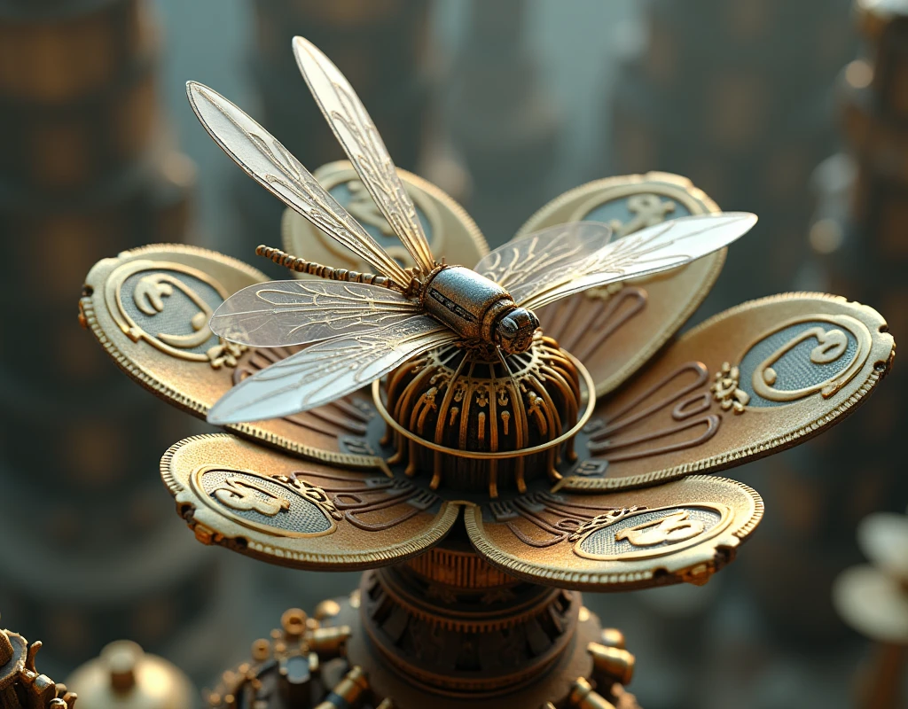mechanical elegant dragonfly, ancient mechanism, fantasy art, ancient civilization, sitting on the mechanical flower, from above