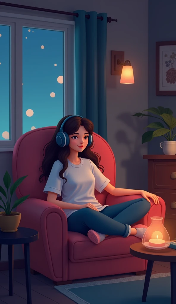 night、Listen to music in a cozy room, Using headphones, 2D-style animation, Lo-Fi, hdd, 16:9