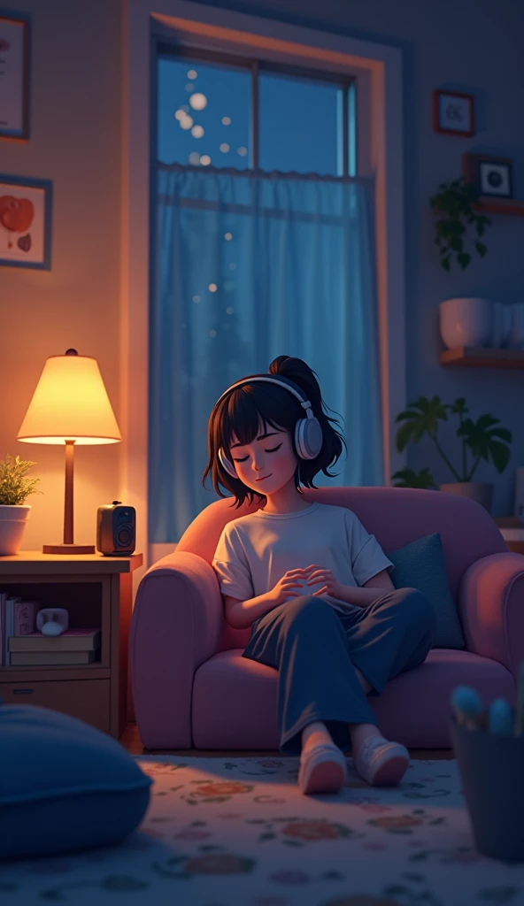 night、Listen to music in a cozy room, Using headphones, 2D-style animation, Lo-Fi, hdd, 16:9