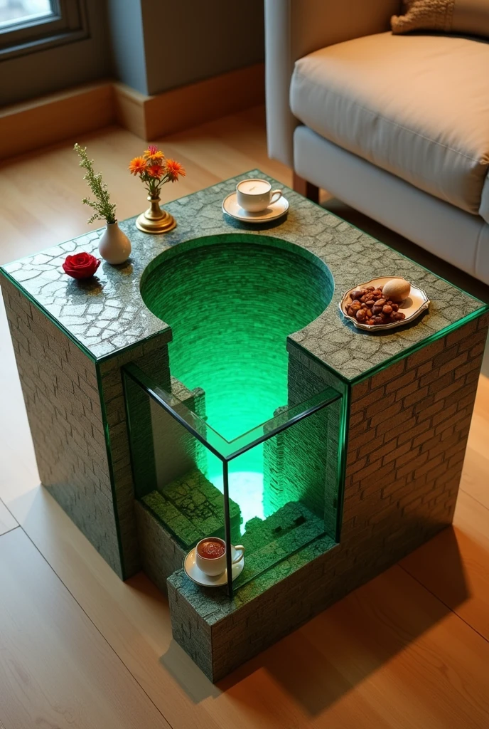 Small square coffee table handcrafted, featuring a two-way mirrored glass top that reflects a stunning visual effect inside that resembles a tunnel, a deep, endless well, and an endless staircase lit from the inside with warm green LED lighting. The sides are covered with brick wallpaper that simulates the look of 3D textured wallpaper.. The table is decorated with simple decorations such as golden pedestals, small flowers, a cake and nuts, and contains a red rose and a tea cup. . The table is placed on a light-colored wooden floor.. The table design combines simplicity and elegance with a touch of modernity, making it a distinctive piece of art in any room or living room.