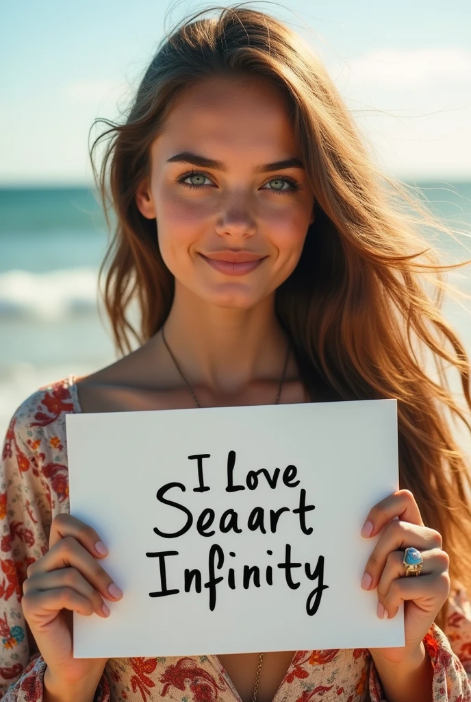 Beautiful girl with wavy long hair, bohemian dress, holding a white board with text "I Love Seaart Infinity" and showing it to the viewer