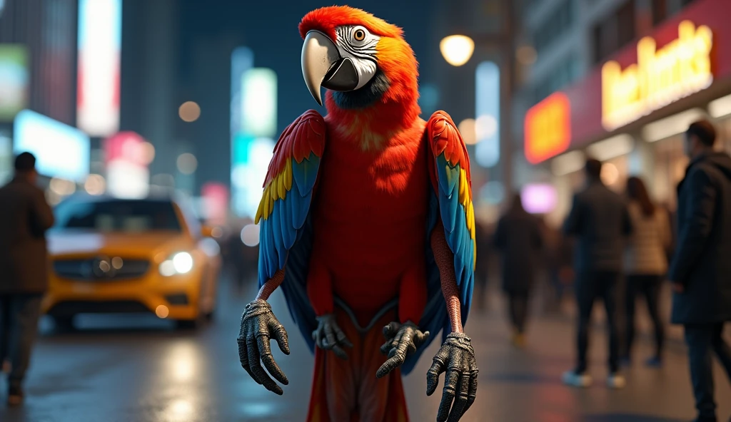 CRIE (macaw) Realistic perfect details walking like a human, your hands are ultra-realistic dog paws, 8k, it's a model wearing fashionable clothes in a night environment filled with humans and cars.