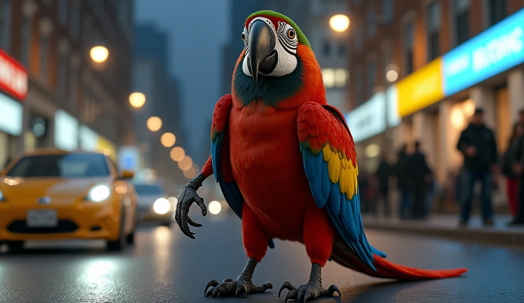 CRIE (macaw) Realistic perfect details walking like a human, your hands are ultra-realistic dog paws, 8k, it's a model wearing fashionable clothes in a night environment filled with humans and cars.