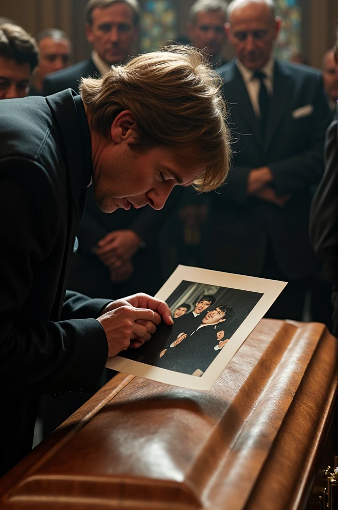 Ringo Starr kisses at Lennon's coffin, showing old picture of The Beatles