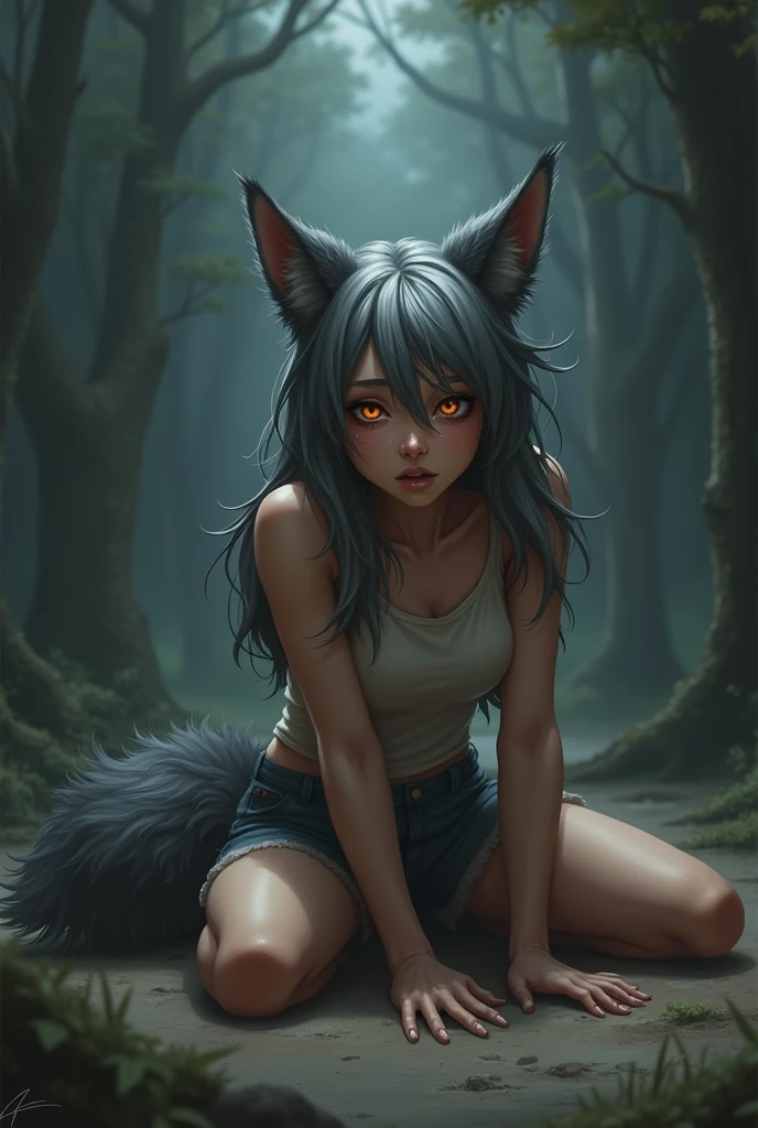 cheveux gris, Yeux oranges, une fille humain, porter un débardeur et un short, Un visage confus, peau devenant grise et poilue, oreilles de loup, queue de loup, allongé sur le sol, pleurs
