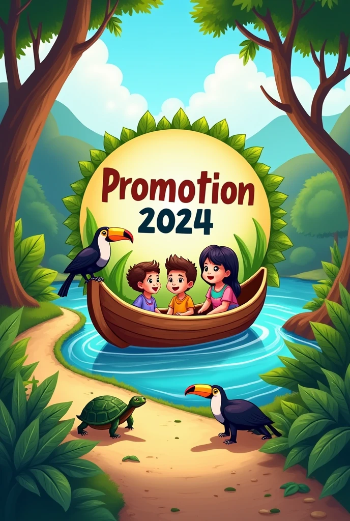 Make me a graduation logo in a circle that says 'promotion' at the top and '2024' at the bottom. In the background, there should be a river and a dirt road with a toucan. There should be children in a wooden boat on the river. At the bottom of the logo, there should be two turtles.