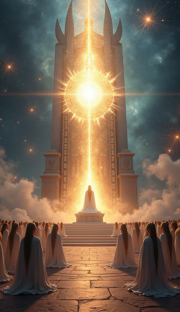 CREATE A CELESTIAL THRONE WHERE IN THE MIDDLE OF THE THRONE THERE IS A POWERFUL LIGHT. AROUND THE THRONE ARE KNEELING CERES