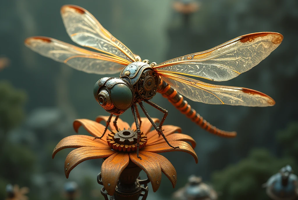 magic mechanical elegant dragonfly, ancient mechanism, fantasy art, ancient civilization, sitting on the mechanical flower, from above