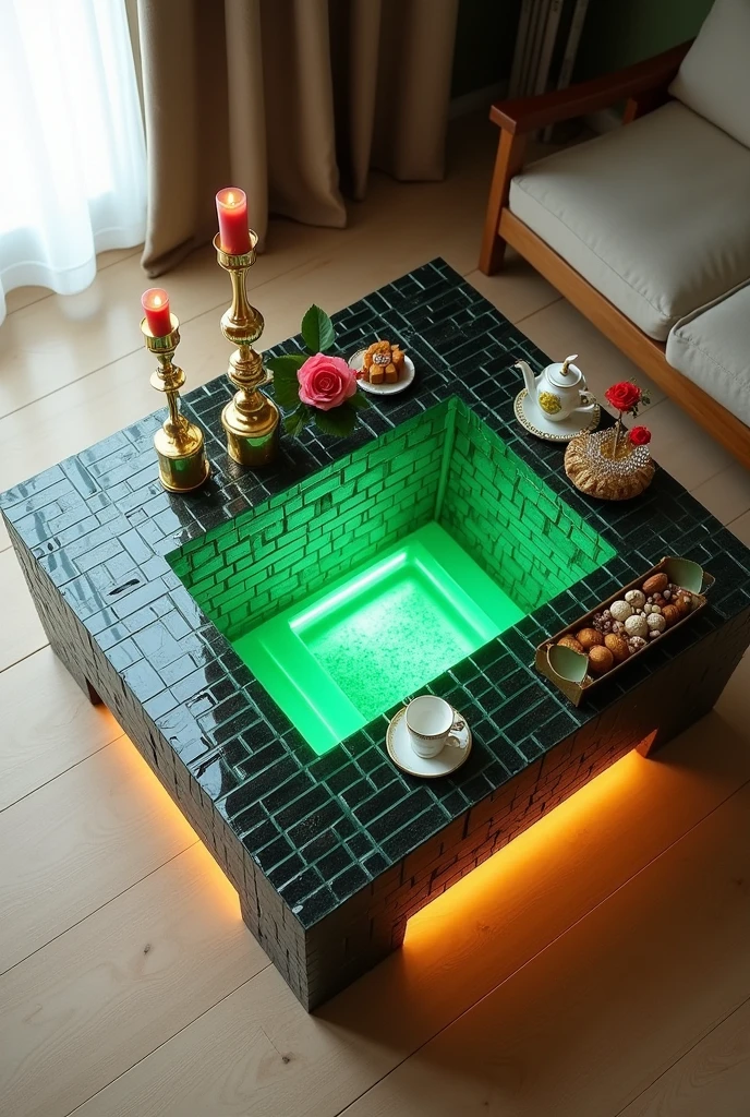 Small square coffee table handcrafted, featuring a two-way mirrored glass top that reflects a stunning visual effect inside that resembles a tunnel, a deep, endless well, and an endless staircase lit from the inside with warm green LED lighting. The sides are covered with brick wallpaper that simulates the look of 3D textured wallpaper.. The table is decorated with simple decorations such as golden pedestals, small flowers, a cake and nuts, and contains a red rose and a tea cup. . The table is placed on a light-colored wooden floor.. The table design combines simplicity and elegance with a touch of modernity, making it a distinctive piece of art in any room or living room.