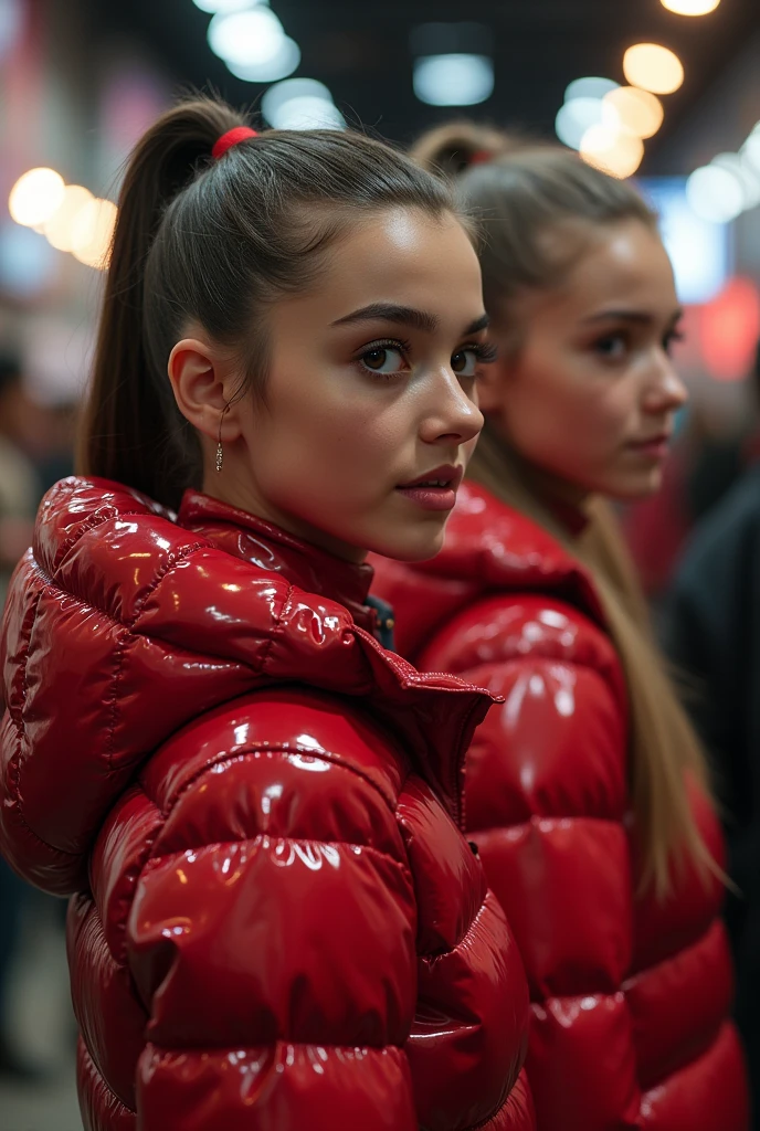  a slim ponytail  girl and her bestie walking in a puffershop,beautiful detailed eyes,beautiful freckles,beautiful detailed lips,extremely detailed eyes and face,longeyelashes, wearing beautiful detailed full length skintight airtight hood covering her head formfitting duvetica overfilled shiny super gleamy super thick glossy  puffervest covering over her  super padded  high-collared pufferjacket, shiny latex  leggings,symmetrical,masterpiece,cinematic,lifelike,hyperrealistic,8k,photorealistic,highly detailed,intricate,exquisite,elegant,beautiful,stunning,peoples trying on puffervests