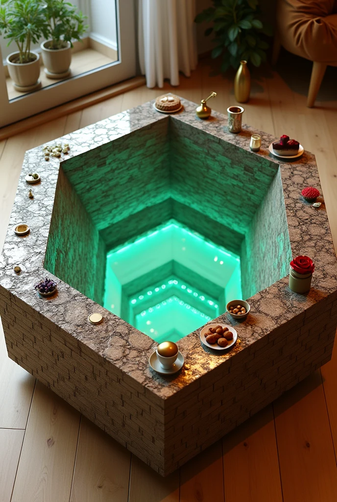 Small square coffee table handcrafted, featuring a two-way mirrored glass top that reflects a stunning visual effect inside that resembles a tunnel, a deep, endless well, and an endless staircase lit from the inside with warm green LED lighting. The sides are covered with brick wallpaper that simulates the look of 3D textured wallpaper.. The table is decorated with simple decorations such as golden pedestals, small flowers, a cake and nuts, and contains a red rose and a tea cup. . The table is placed on a light-colored wooden floor.. The table design combines simplicity and elegance with a touch of modernity, making it a distinctive piece of art in any room or living room.