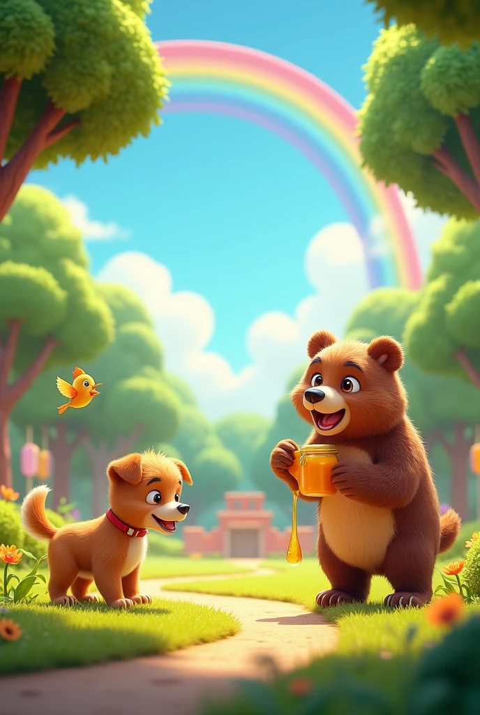  A colorful park with animated animals playing.]

Narrator: “Welcome to the park! Look, there’s a playful puppy.”

[Pause as the camera zooms in on a puppy wagging its tail.]

Narrator: “What’s that sound? (Pause) It’s a tiny bird chirping!”

[Camera shifts to a small bird singing on a tree branch.]

Narrator: “And over there, (Pause) a big, friendly bear is eating honey.”

[Bear is seen enjoying honey from a pot.]

Narrator: “Can you see the rainbow? (Pause) It’s bright and colorful!”

[Camera pans to a vibrant rainbow in the sky.]

Narrator: “What a fun day at the park! (Pause) See you next time!”
 fades out with animals waving goodbye