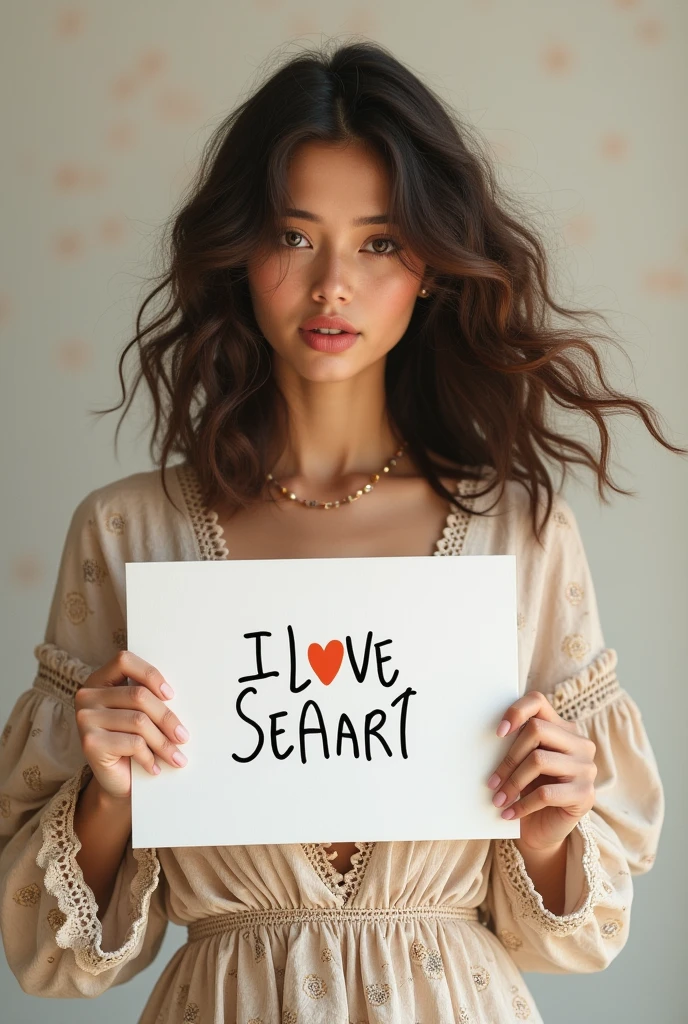Beautiful girl with wavy long hair, bohemian dress, holding a white board with text "I Love Seaart Infinity" and showing it to the viewer