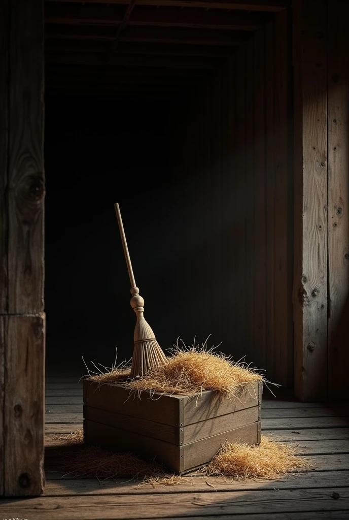 The interior of a barn, a box of straw and a broom on the box. Medium dark ambient