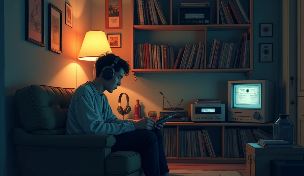 night、Listen to music in a cozy room, Using headphones, 2D-style animation, Lo-Fi, hard disk, Dark Environment