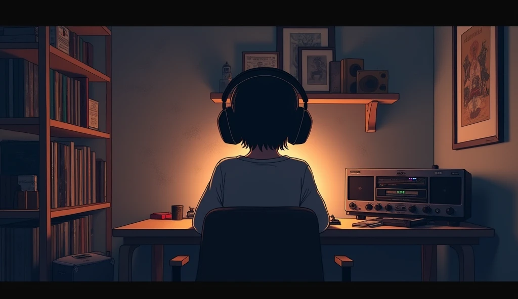 night、Listen to music in a cozy room, Using headphones, 2D-style animation, Lo-Fi, hard disk, Dark Environment