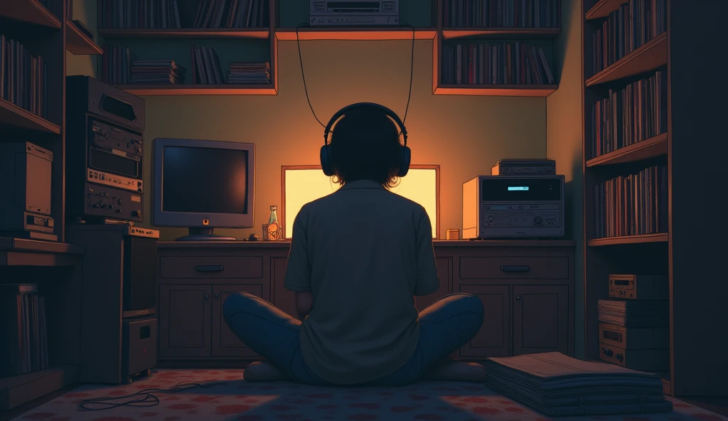 night、Listen to music in a cozy room, Using headphones, 2D-style animation, Lo-Fi, hard disk, Dark Environment