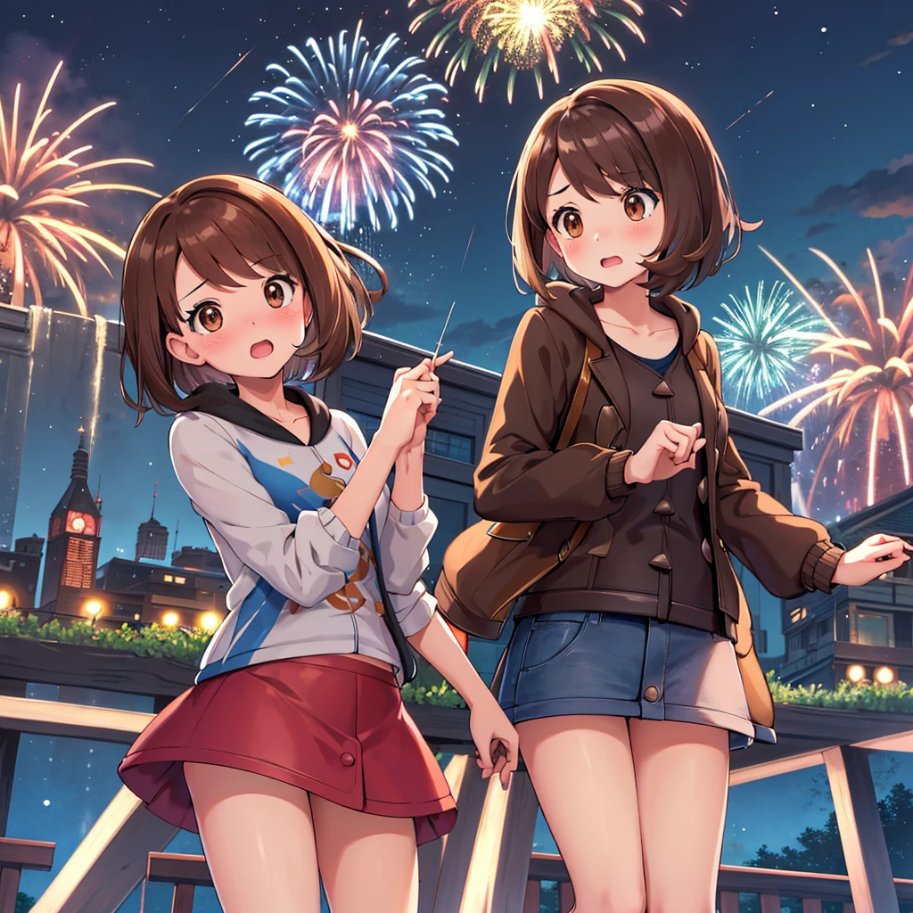 masterpiece, Highest quality, High resolution, Gua1, 1 , Gua\(Pokemon\), Brown Hair, , Brown eyes, , short hair, , Bobcut, bangs, , 1. 1 Expressions of affection blush Open your mouth blush city Jacket shirt mini skirt Night Moon firework From below, surprised.underwear