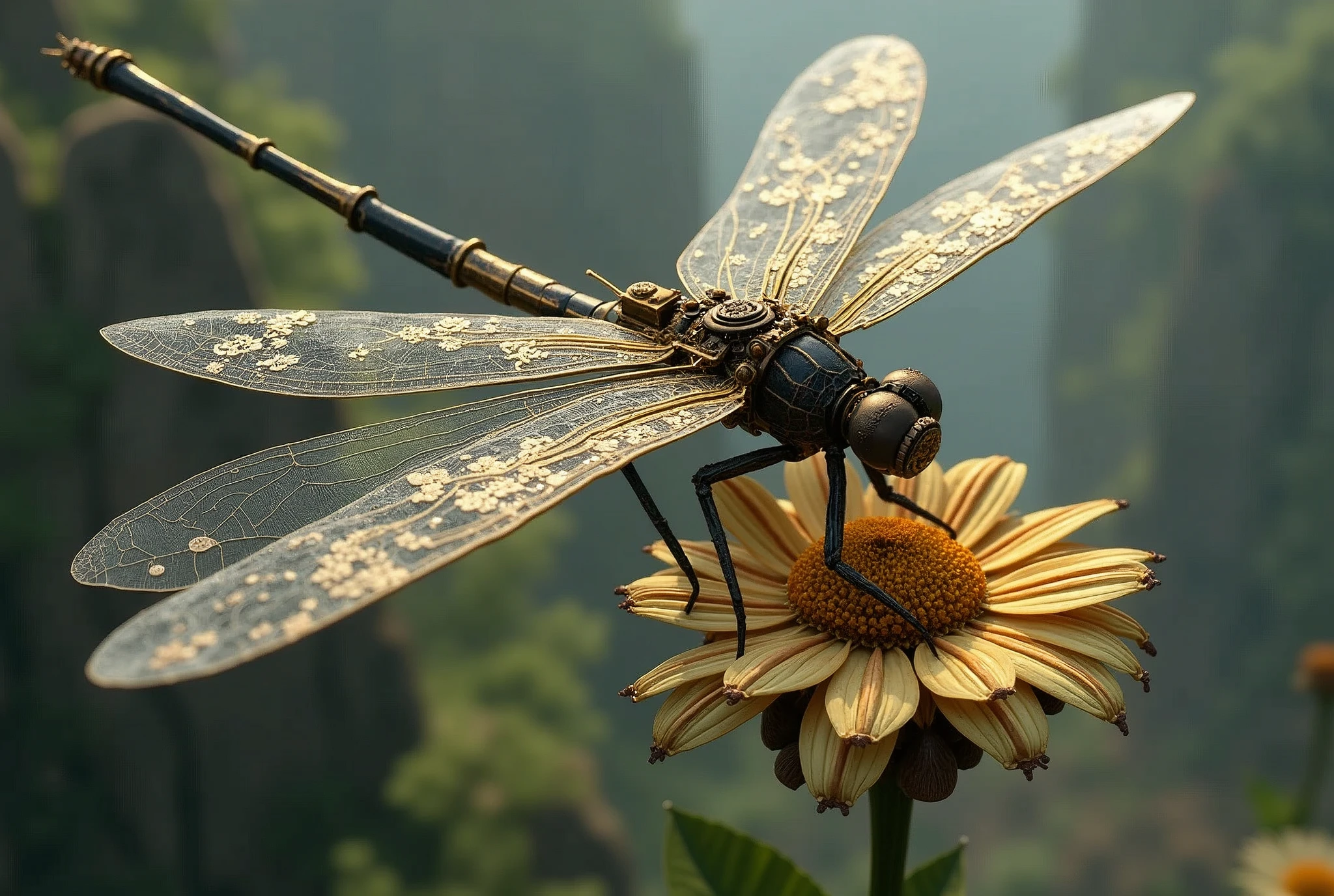 magic mechanical elegant dragonfly, ancient mechanism, fantasy art, ancient civilization, sitting on the mechanical flower, from above