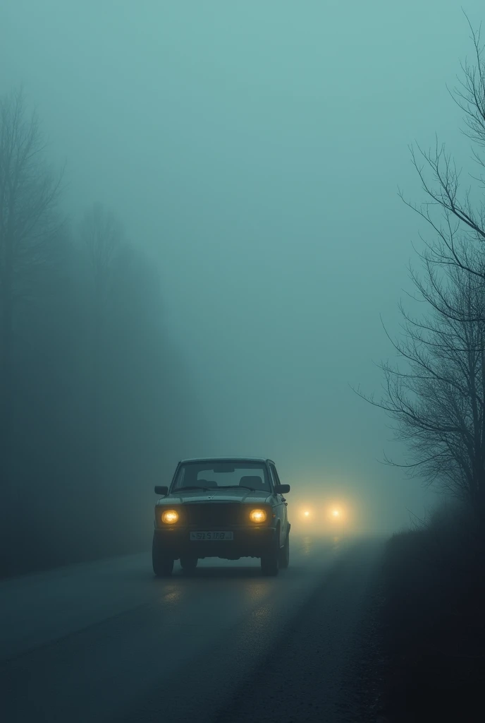 A small car is moving slowly on the road, its headlights barely penetrating the thick fog.