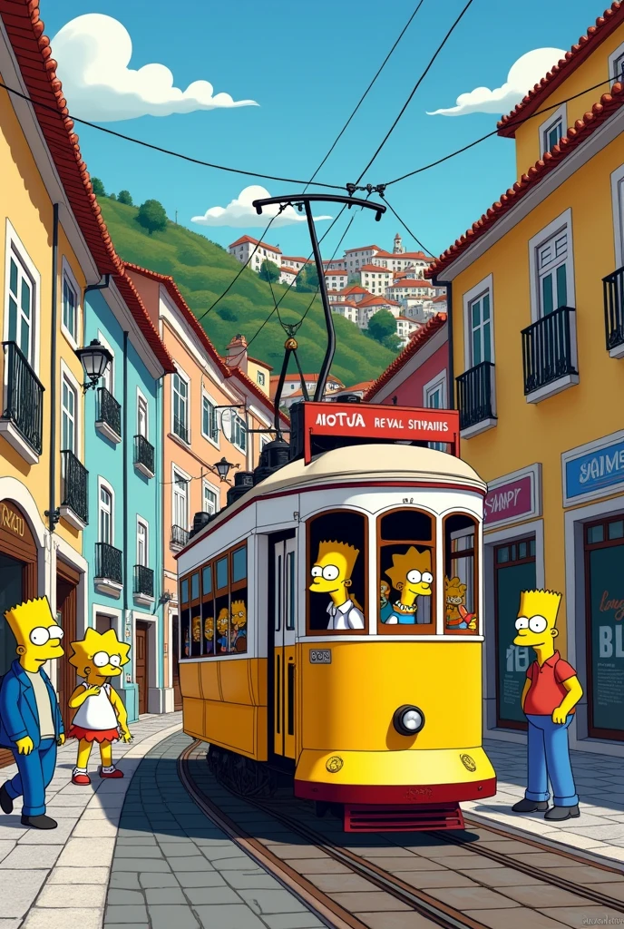 Je voudrais une image d'une rue de Lisbonne avec le tramway jaune mais version dessin animé Simpson