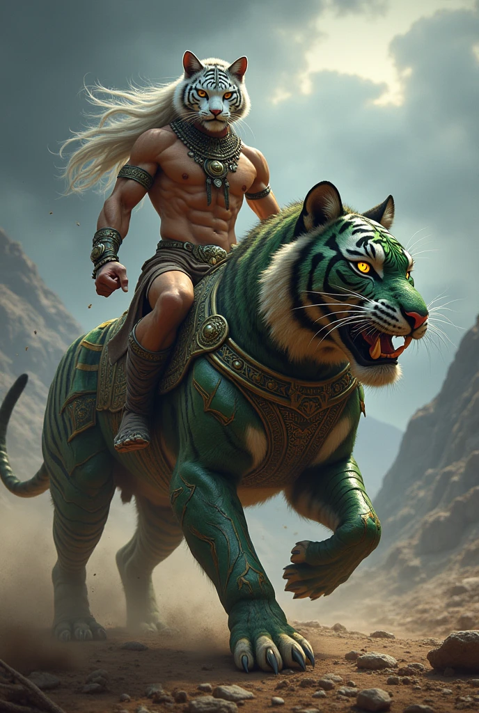 Create a detailed scene of a feline humanoid warrior riding a  armored war tiger reminiscent of Battle Cat from He-Man. The feline humanoid has sleek, muscular features with white and black-striped fur, and is adorned with tribal jewelry and battle gear. The war tiger is covered in ornate, emerald green and gold armor, with sharp claws and glowing eyes, exuding a powerful and fierce presence. The background is a dramatic battlefield with distant mountains and dark stormy skies, adding an epic atmosphere to the scene.