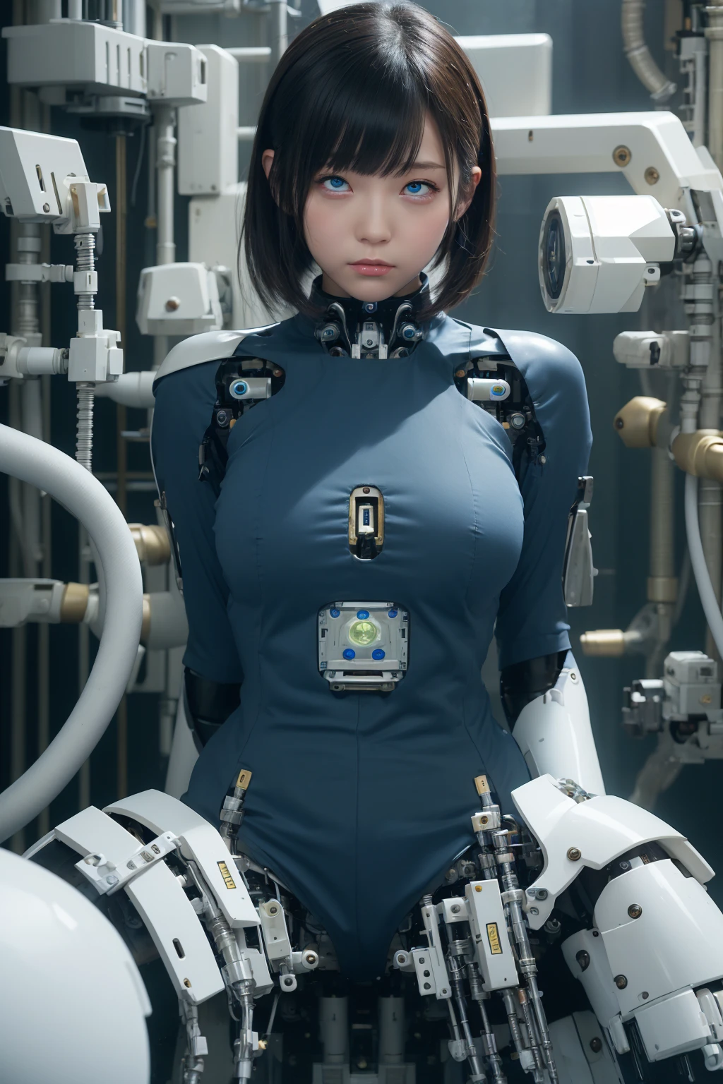 masterpiece, best quality, extremely detailed, Japanese android girl,Plump ,control panels,robot arms,robot,android,cyborg,white robot body,blunt bangs,robot repair plant,knee high socks,blue eyes,rolling eyes