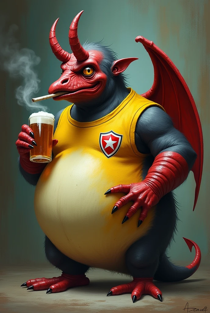 Satan's mascot with a wing mixed with a pot-bellied, bald, alcoholic Himalayan penguin wearing a Botafogo da Paraíba sleeveless shirt with the shield and the red star on his chest, a little more comical and less somber, and with one wing, a single short, sawed-off horn resembling Hellboy's horn, with a beer in hand, a cigarette in the mouth