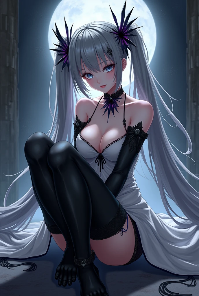ph bronya, 1girl, solo, jewelry, earrings, long hair, grey hair, bangs, drill hair, bare shoulders, grey eyes, thigh boots, thighhighs, hair between eyes, boots, elbow gloves,sleeveless, black gloves, twin drills, belt, leggings, legs, white dress, breasts, large breasts, huge breasts, black footwear, long sleeves, (masterpiece:1.2, best quality), (finely detailed beautiful eyes: 1.2), (detailed background,dark fantasy), (beautiful detailed face), high contrast, (best illumination, an extremely delicate and beautiful), ((cinematic light)), colorful, hyper detail, dramatic light, intricate details, (sharp face hair between eyes,dynamic angle), swirling black light around the character, depth of field,black light particles,(broken glass),magic circle, looking at viewer, full body, sitting on floor, thight hips, smiling,