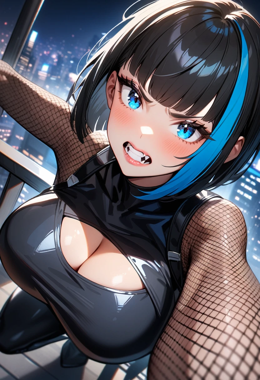 1girl,solo,super detailed skin,shiny skin,Clenching teeth,black hair, highlights hair, (Blue streaked hair:1.2),bob hair,,hime cut,eyelashes,lips gloss ,fangs,,large soft breasts,fullbodysuit,fishnet arms,cleavage cutout,ninja clothes ,cleavage cutout,fist,Rooftop, cityscape,masterpiece,best quality,ultra detailed,high resolution,sharp focus