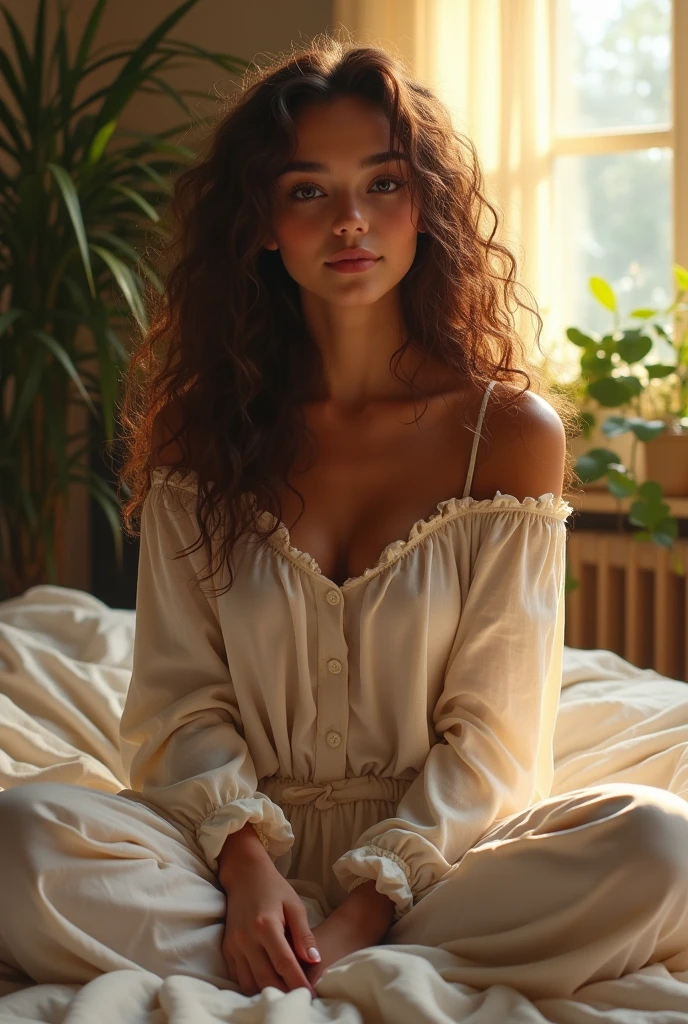 (photorealism:1.2), beautiful woman, sitting on bed, wearing loose off-shoulder top, pajama pants, long curly hair, indoors, soft lighting, plants in background, window with sunlight, cozy room, relaxed pose, realistic, intricate details, warm colors, by Greg Rutkowski, by Alphonse Mucha