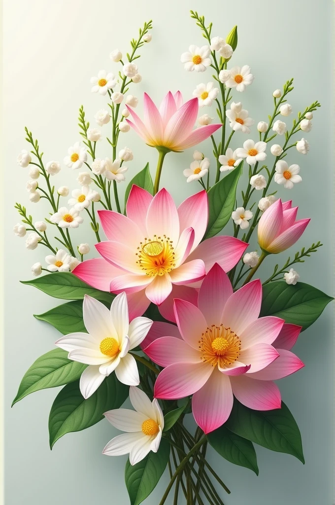 A bouquet of flowers with Jasmine, lilies of the valley and lotus flowers