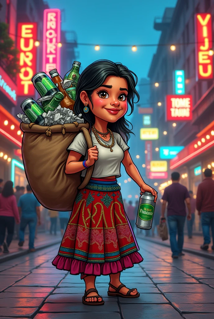 Aymara woman in a traditional skirt (bolivian) on a street full of nightclubs collecting recyclable materials carrying a huge bag full of them (Bottles, cans, papers) in cartoon style 