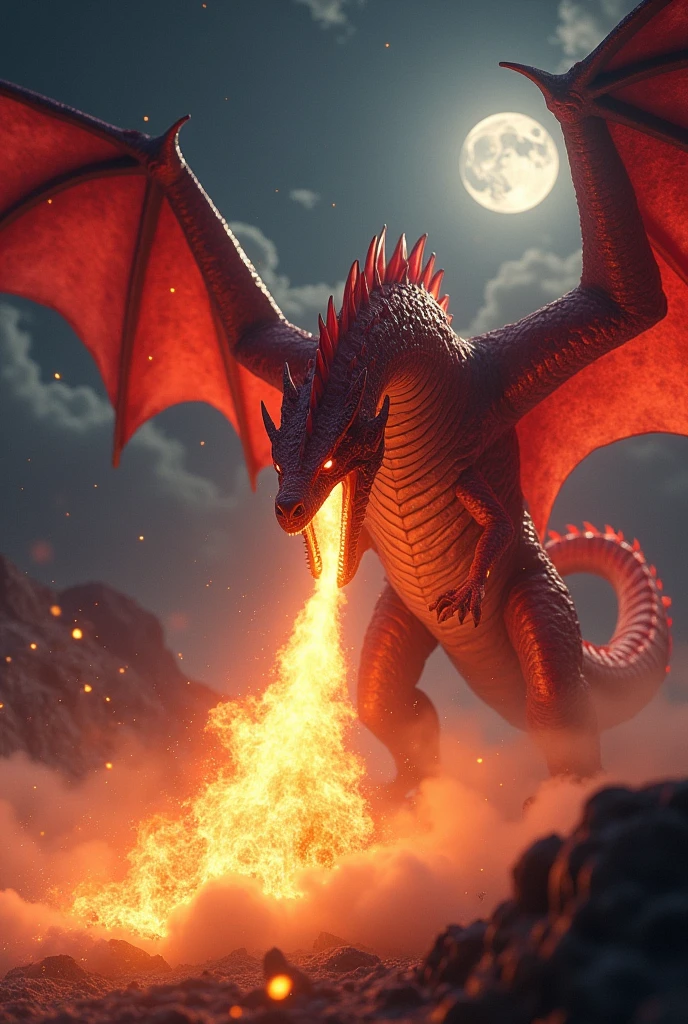 Red dragon flying and breathing fire at night